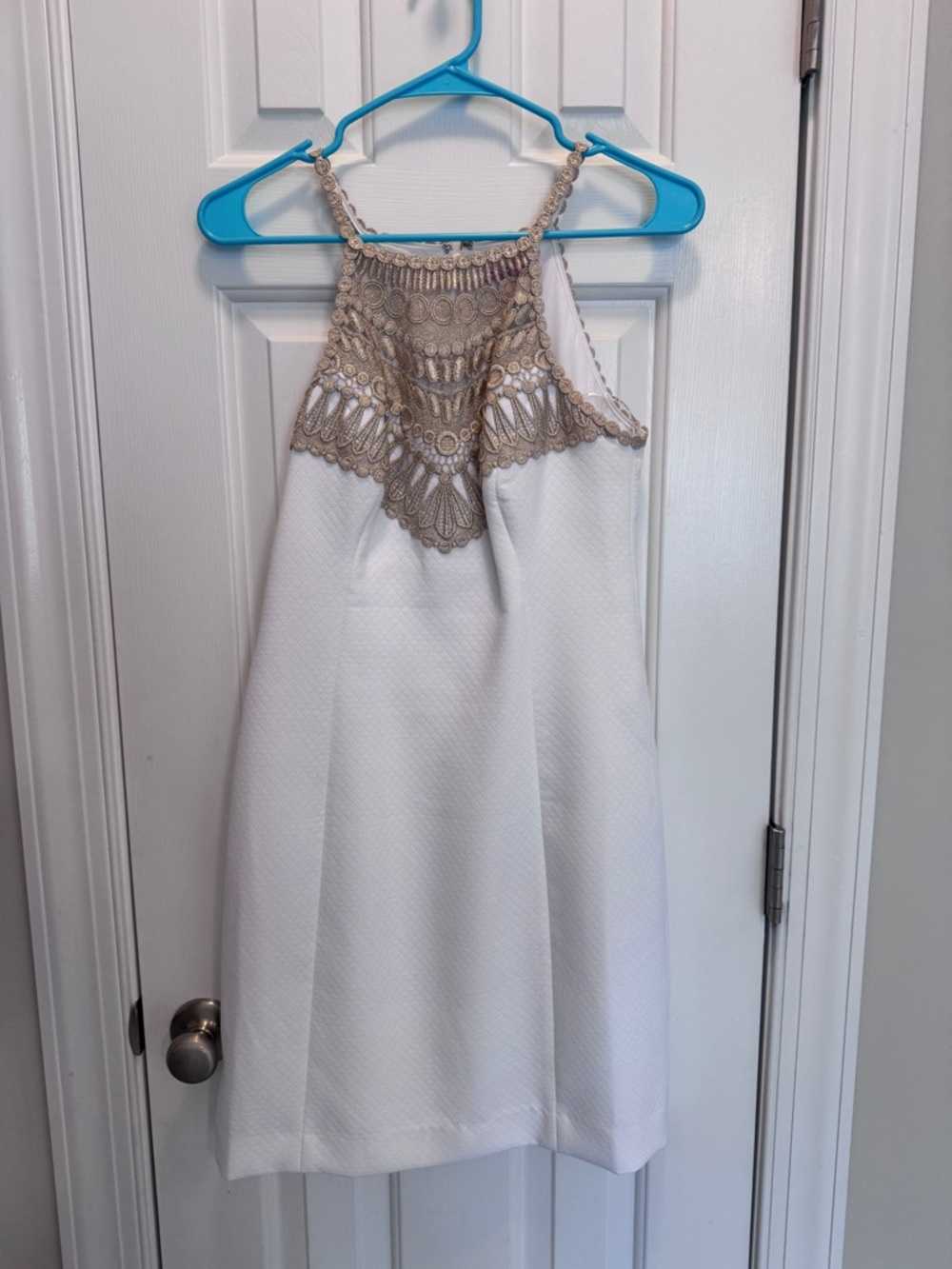 Womens White Halter Dress with Gold Lace Yoke